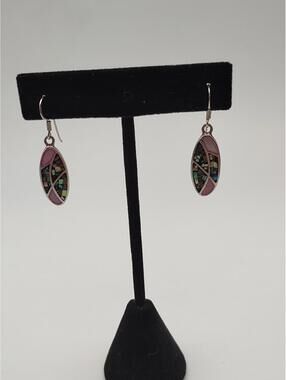 Vintage Sterling Silver Abalone Mosaic Drop Earrings SX Thai